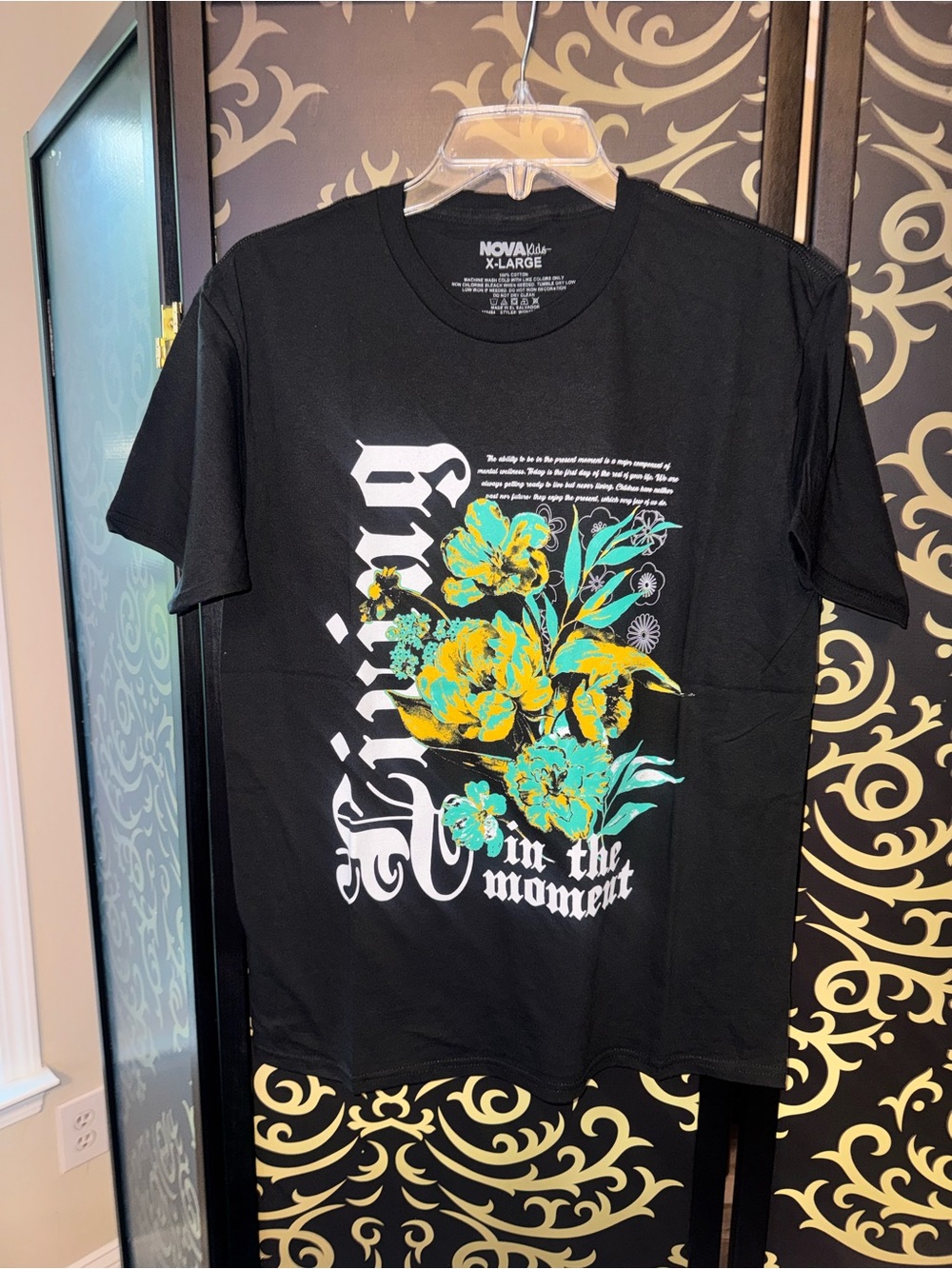 Fashion Nova Black Tee with Yellow & Teal Floral Graphic - X-Large